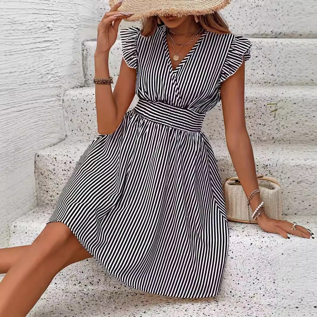 Ladies sleeveless casual dress with V-neck and ruffle details Ivyshape