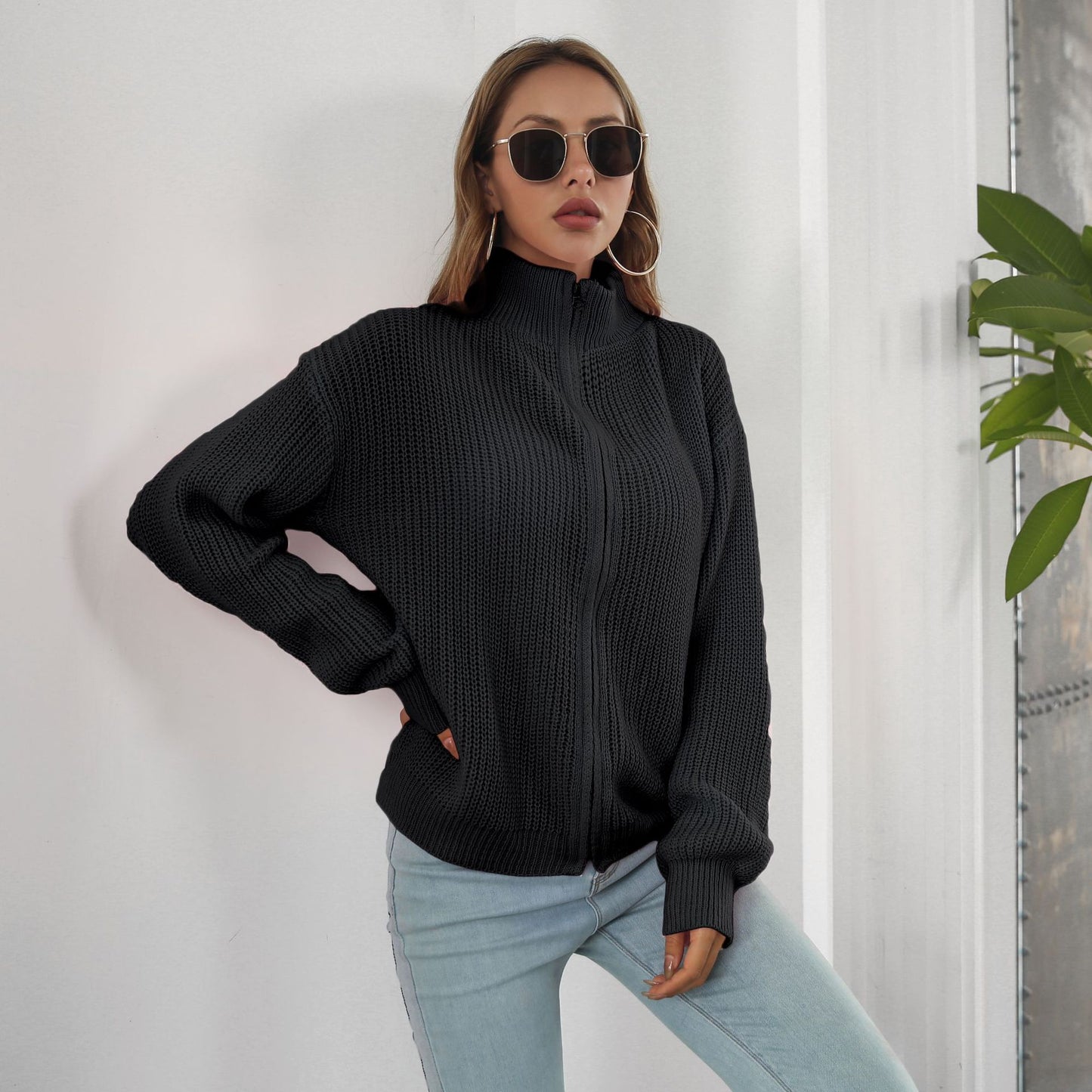 Women's casual knit pullover with high collar and zipper Ivyshape