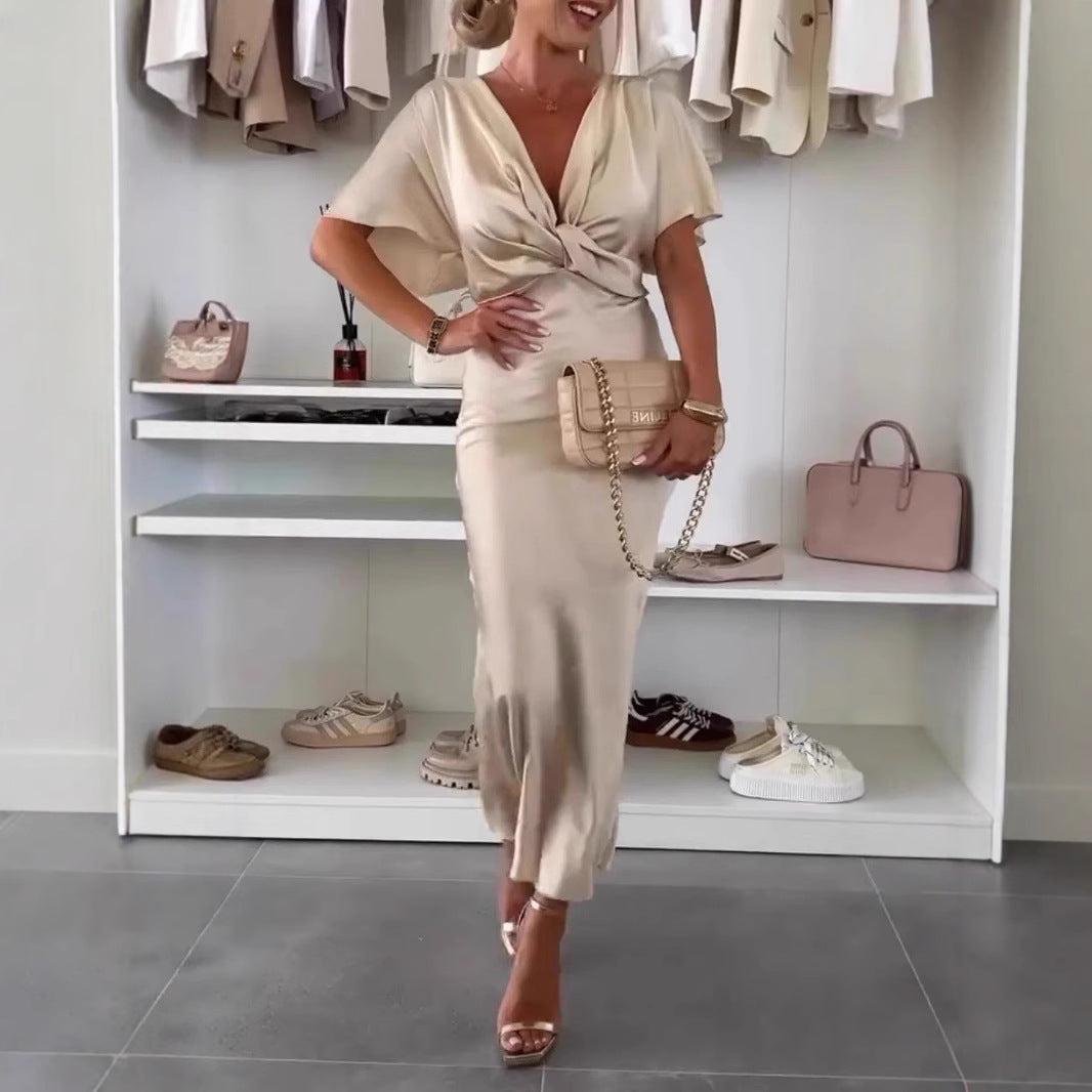 Ladies Knee-Length Satin Dress with Cross Design Ivyshape