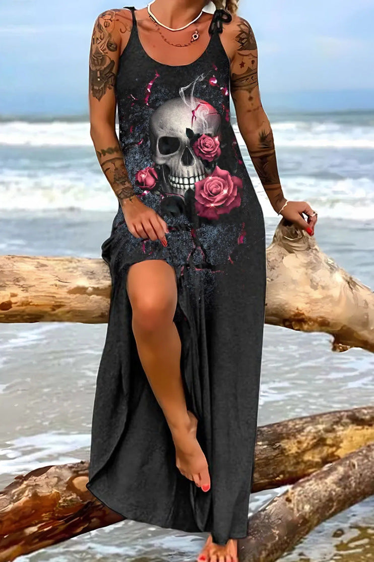 Horror Skull Print Slit Long Suspender Dresses