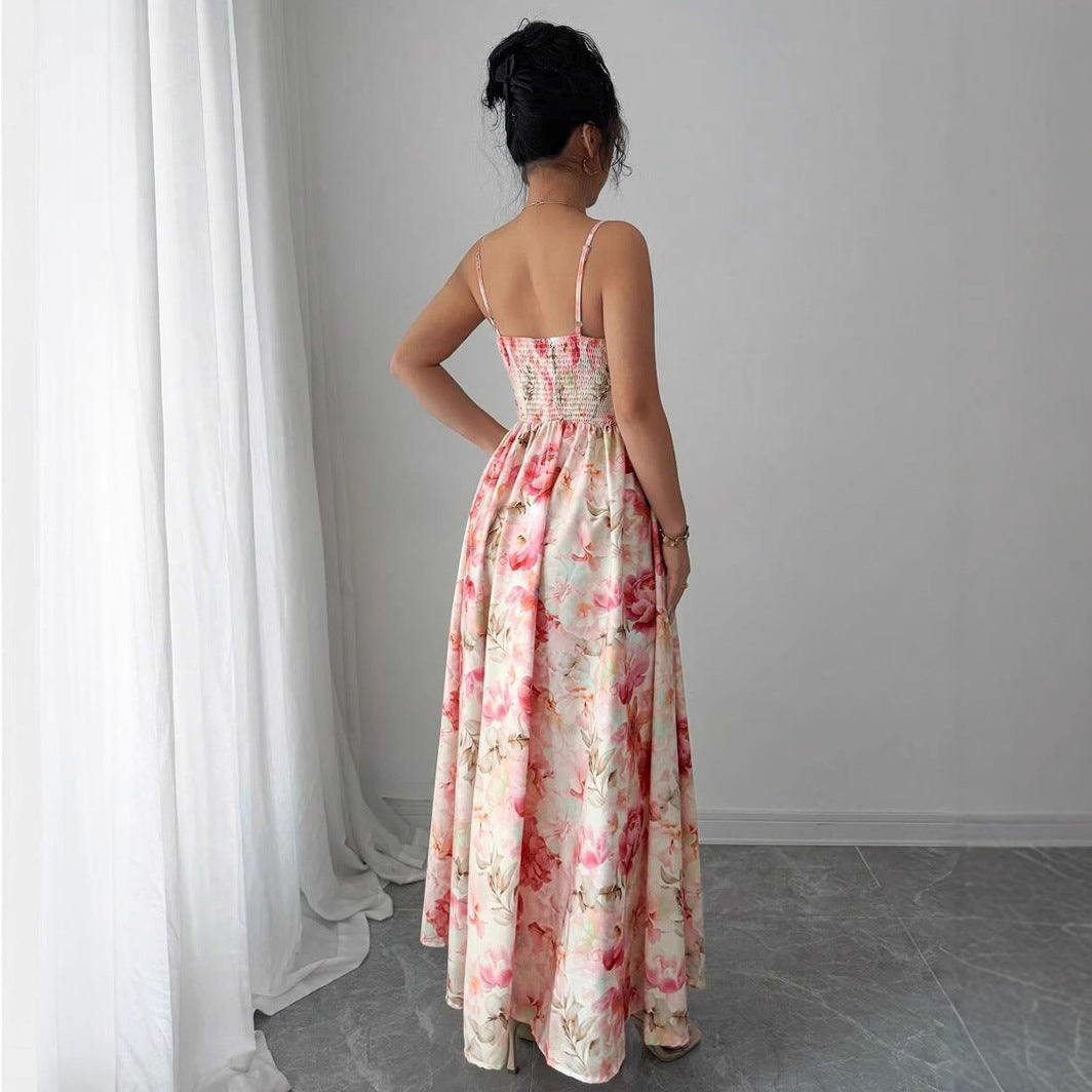 Women's Floral Maxi Dress with Flared Skirt and Thin Straps Ivyshape