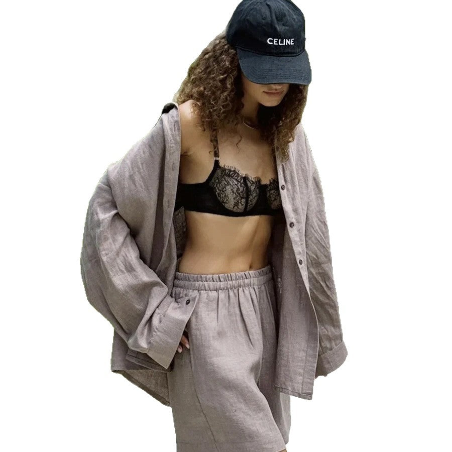 Women casual linen set with loose blouse and shorts Ivyshape