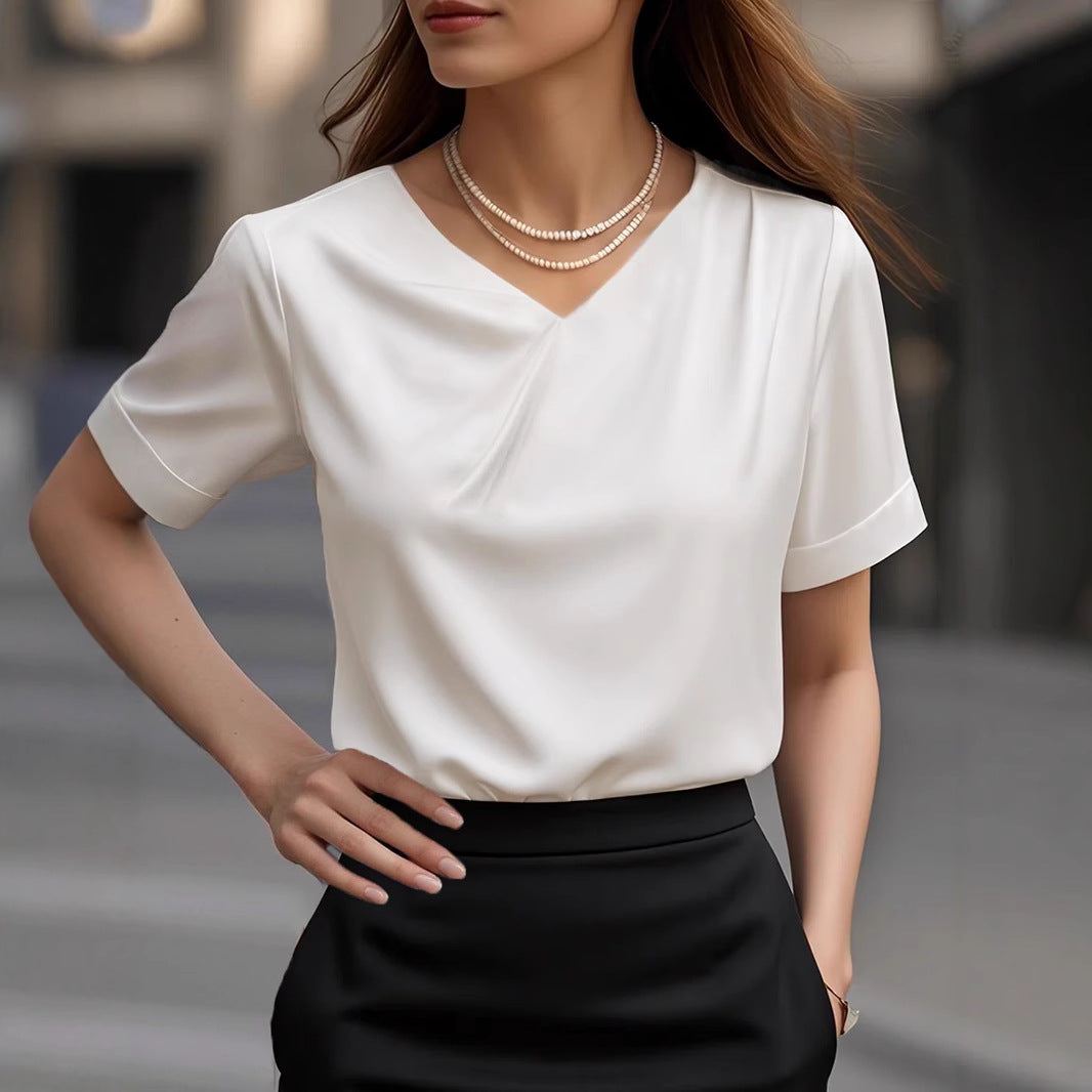 Women Elegant V-Neck Blouse Shirt with Short Sleeve Design Ivyshape
