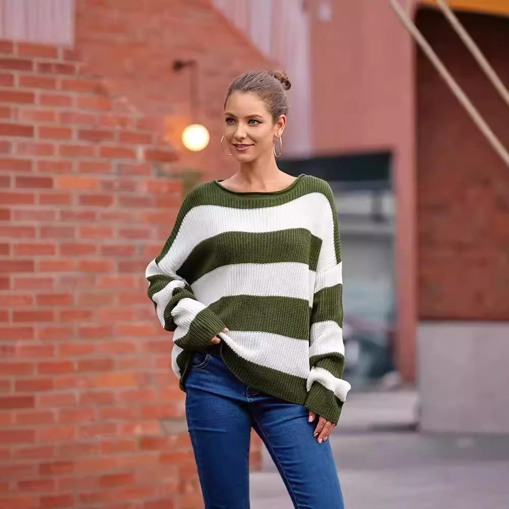 IvyShape | Rolled Edge Round Neck Striped Color Block Sweater