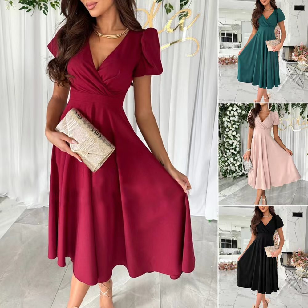 IvyShape | Stylish Commuting Solid Color V-Neck Puff Sleeve Dress