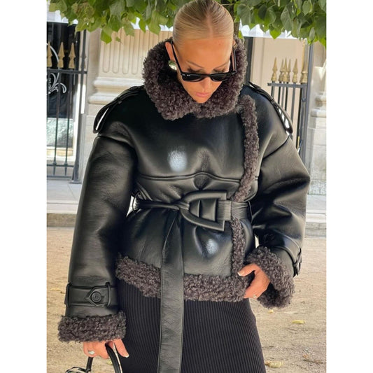 Women Faux Leather Jacket with Teddy-like Lining and Elegant Belt Binding Ivyshape