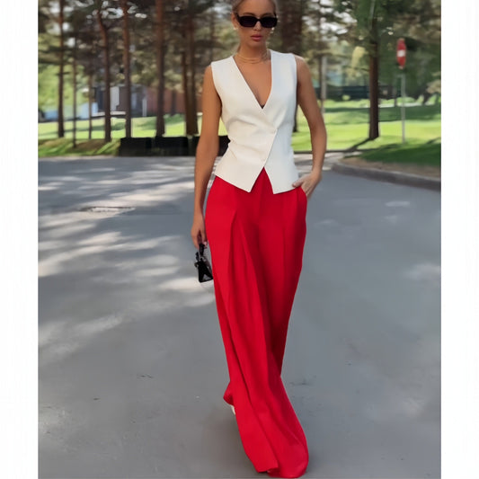 IvyShape | Deep V Sleeveless Top High-Waisted Wide-Leg Pants Set