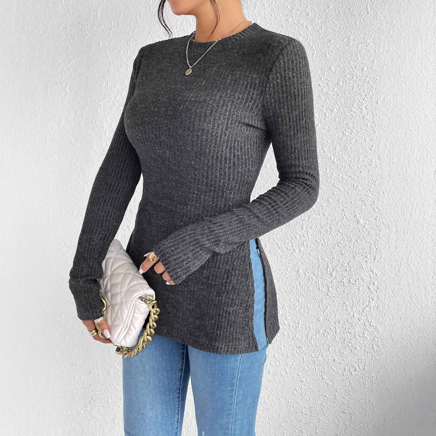 Women Long Sleeve Rib Knit Top Ivyshape