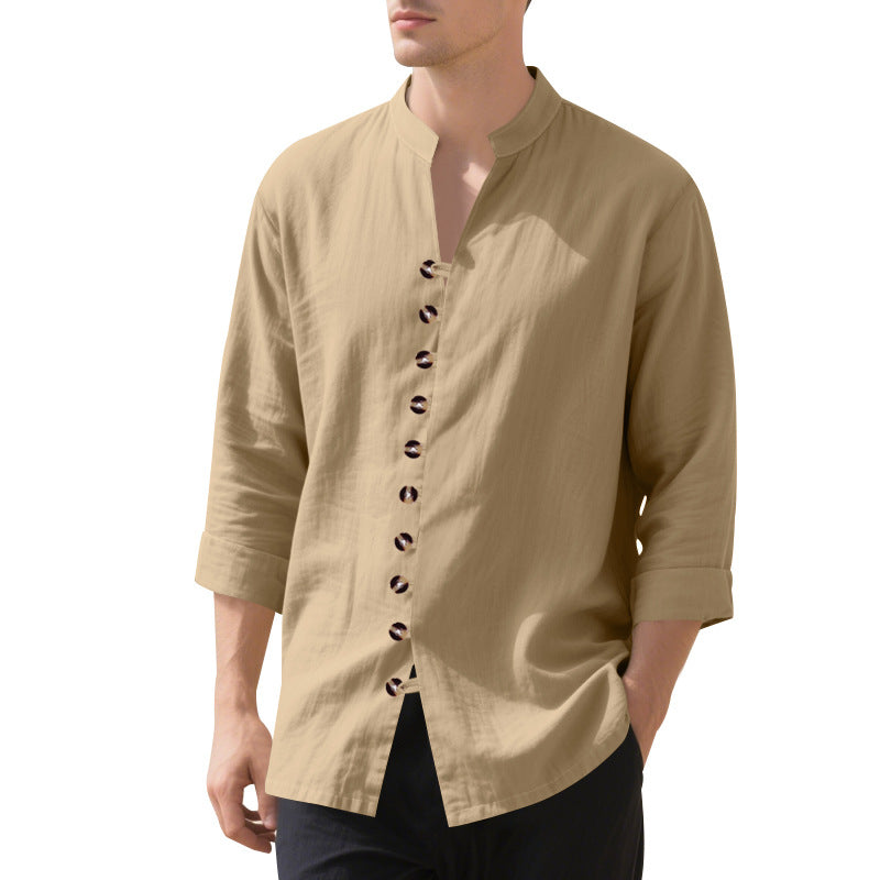 Men's stylish long-sleeve shirt with fashionable stand-up collar and unique button detail Ivyshape