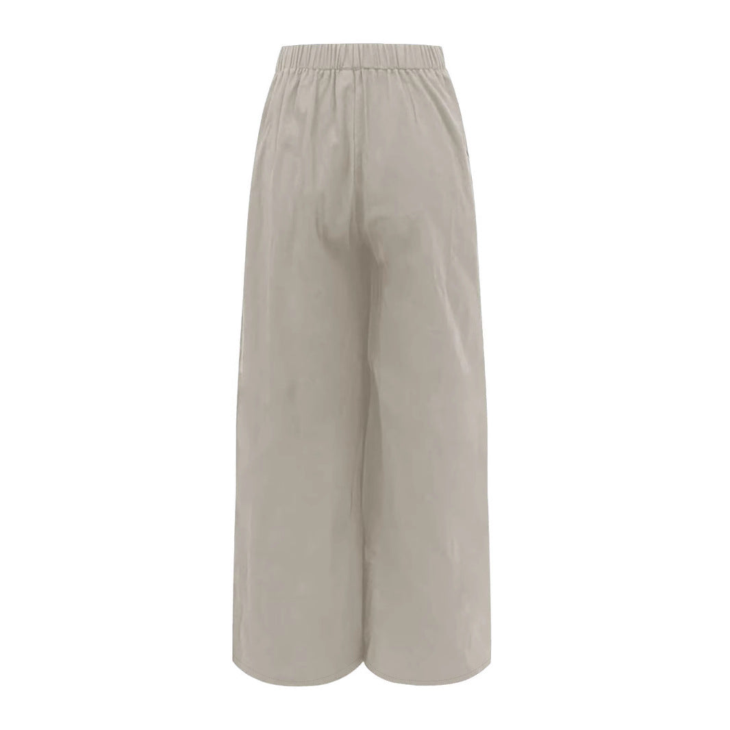 Women's lightweight, loose-fitting linen trousers with elastic waistband and practical pockets Ivyshape