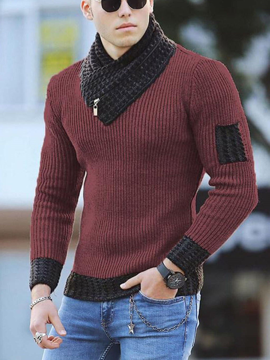 Men's knitted pullover with modern collar and zipper Ivyshape