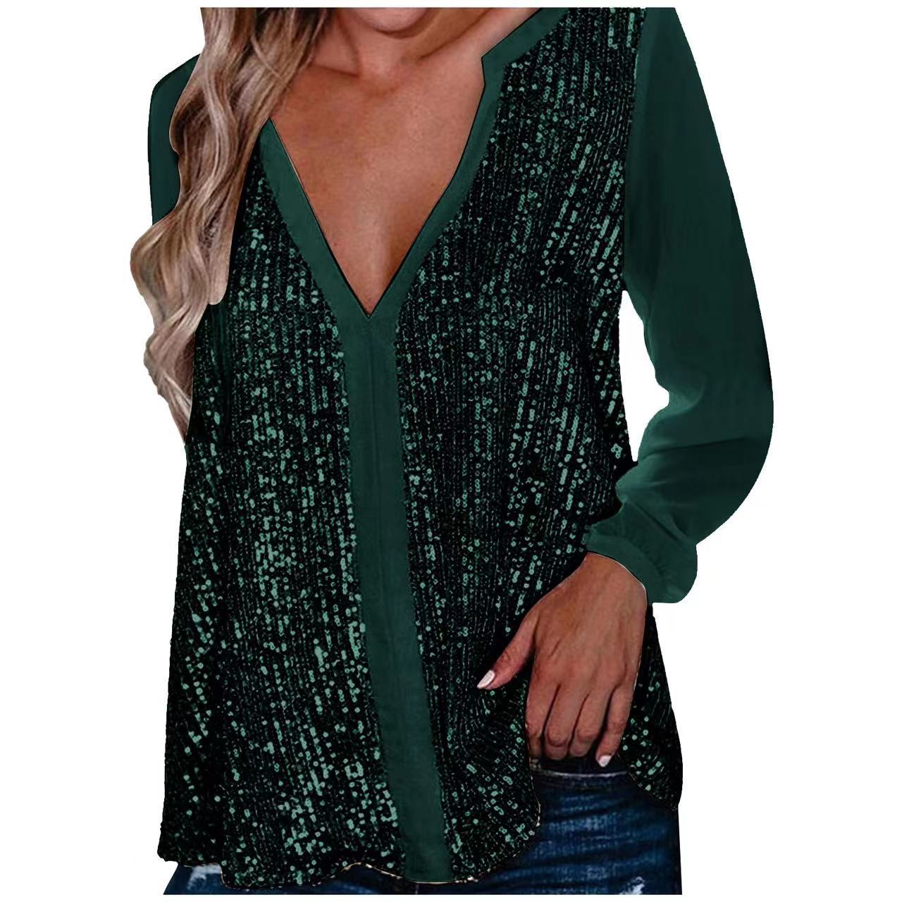 Ladies' fashionable, glamorous top with V-neck and glitter details Ivyshape