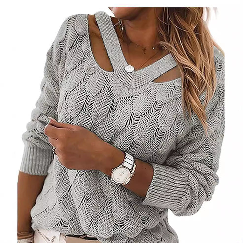 Women's casual knit sweater with V-neck and unique cut-out design Ivyshape