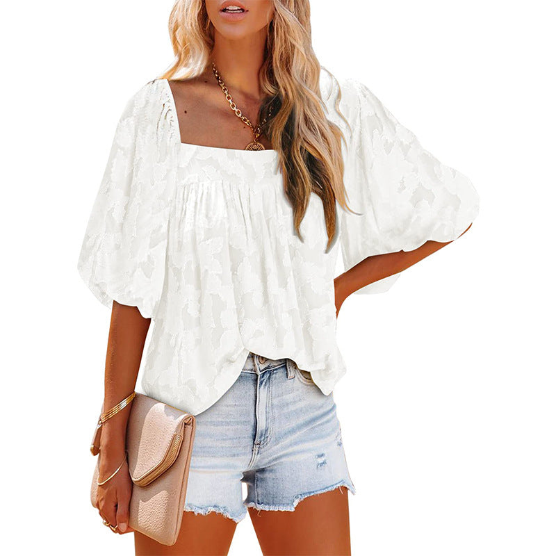 Women's Oversized Blouse Shirt with Balloon Sleeves and Subtle Pattern Ivyshape