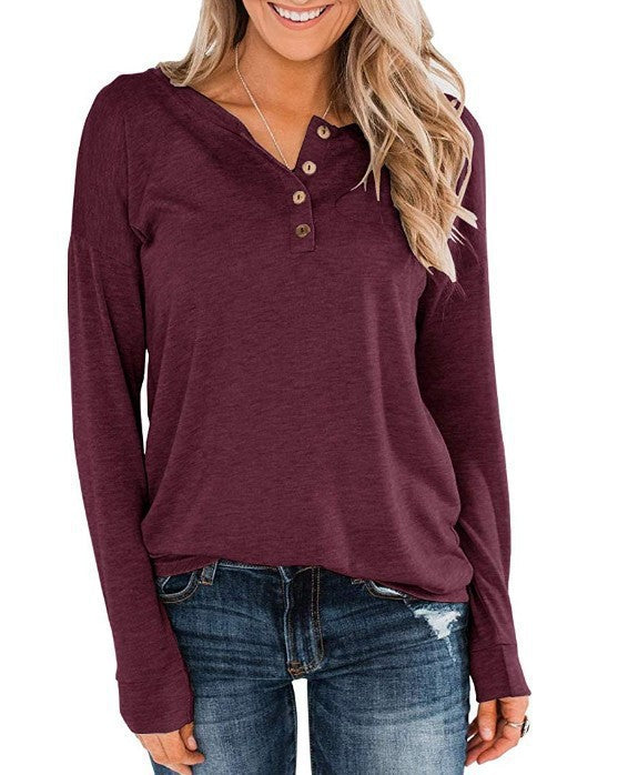 Women's Fashion Long Sleeve Henley Shirt with Button Placket Ivyshape