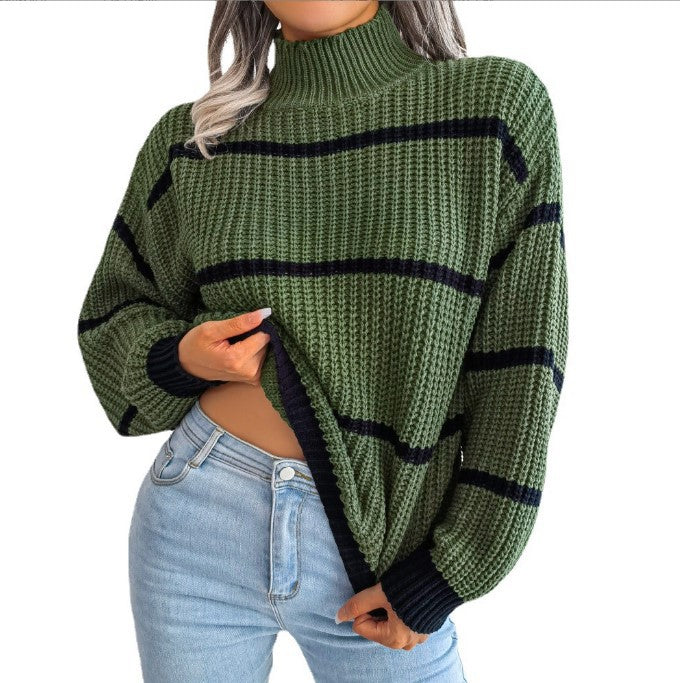 IvyShape | Casual Striped Lantern Sleeve High Neck Sweater