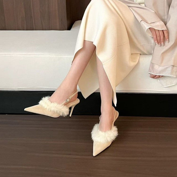 Women’s slingback pumps with luxurious fur trim and elegant pointed design Ivyshape