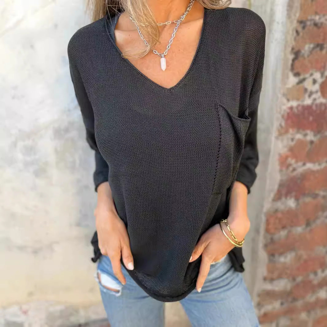 Ladies Lightweight and Casual Knit Top with V-Neck and Pockets Ivyshape