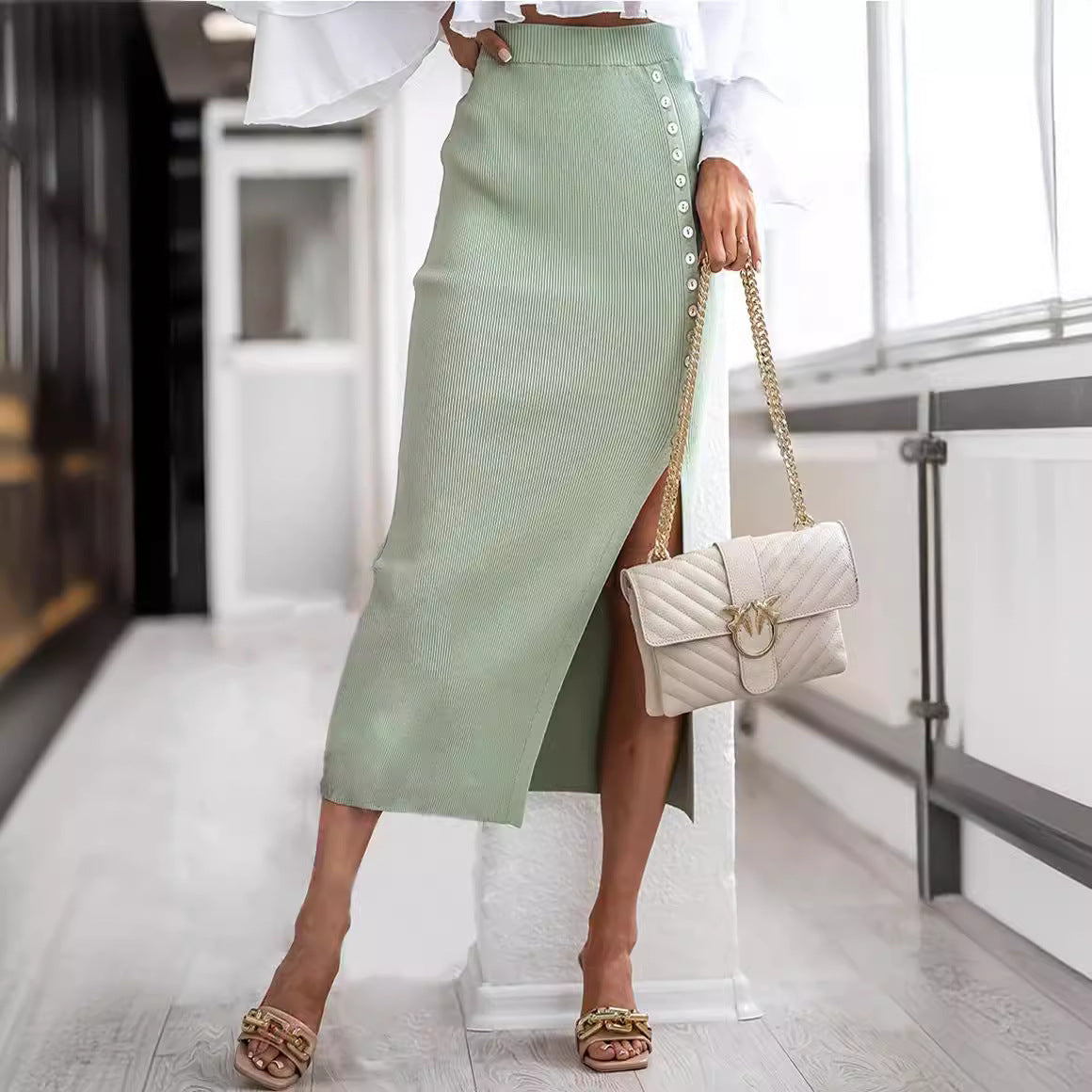 Women's Ribbed Mid-Length Skirt with Side Slit and Button Detail Ivyshape