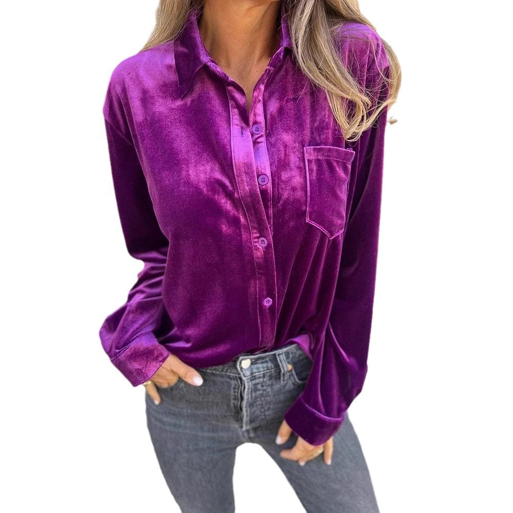 Women's Elegant Velvet Blouse with Classic Shirt Collar and Long Sleeves Ivyshape