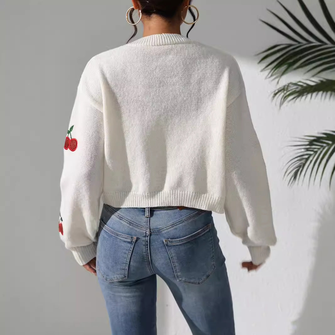 Ladies airy knitted cardigan with sweet cherry embroidery Ivyshape