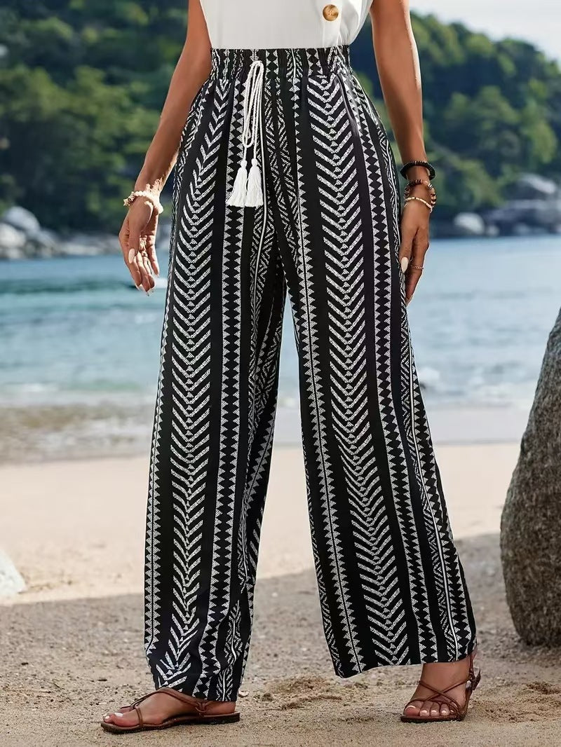 Women's wide palazzo pants with elastic waistband and fashionable pattern Ivyshape