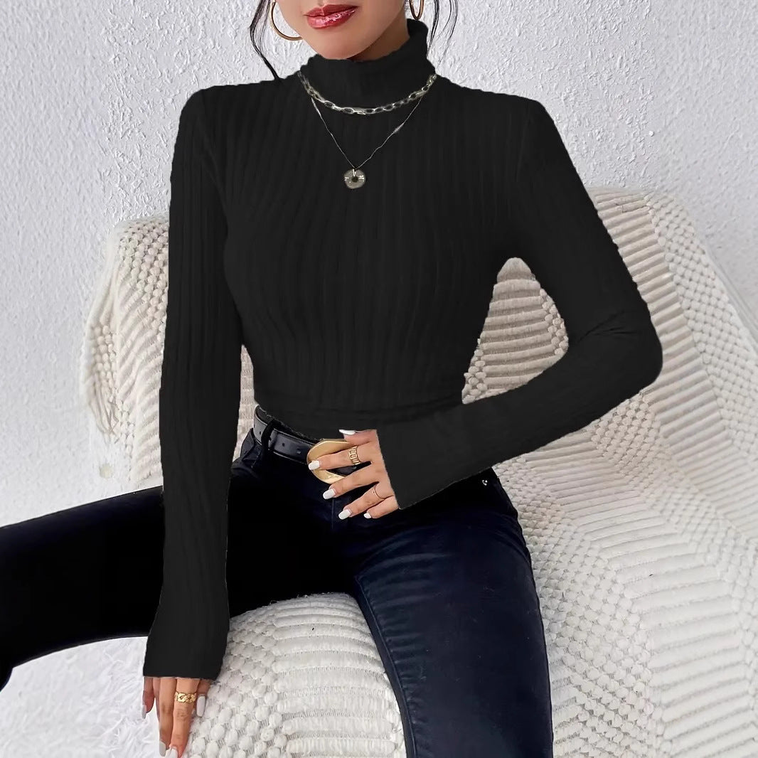 Women's Long Sleeve Turtleneck Sweater in Fine Rib Knit Ivyshape