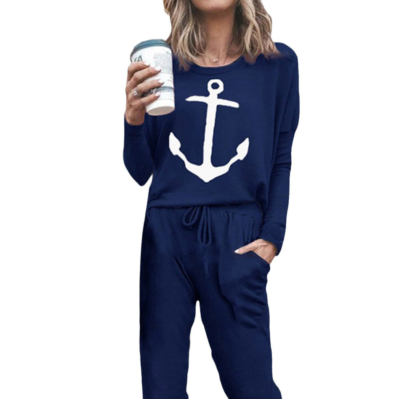 Ladies casual jumpsuit with maritime anchor print and practical pockets Ivyshape