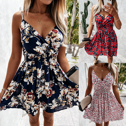 IvyShape | Floral V-Neck Spaghetti Strap Elastic Waist Midi Dress