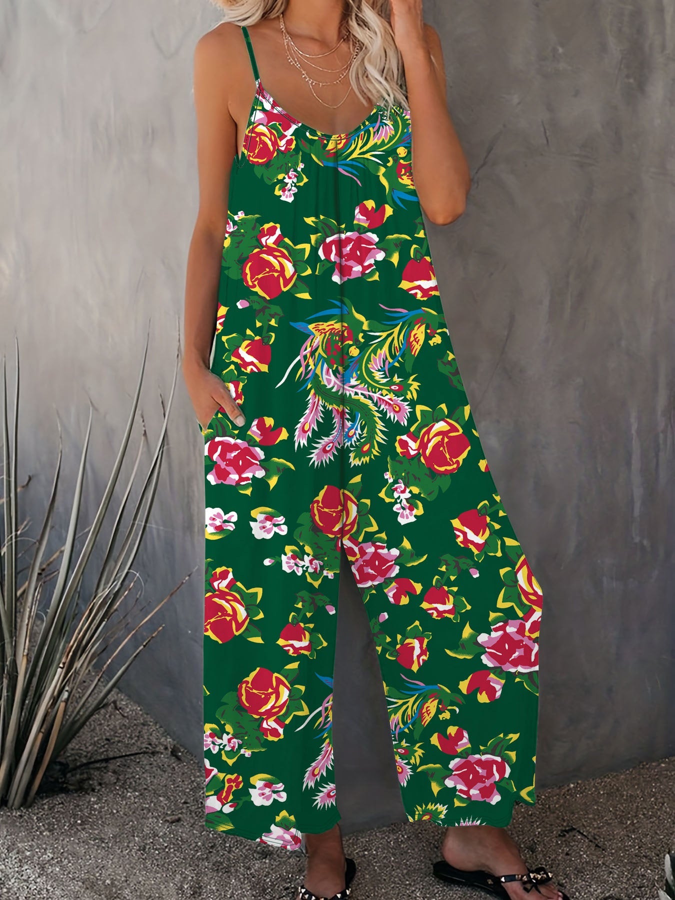 IvyShape | Printed Insert Pocket Loose Casual Strap Jumpsuit