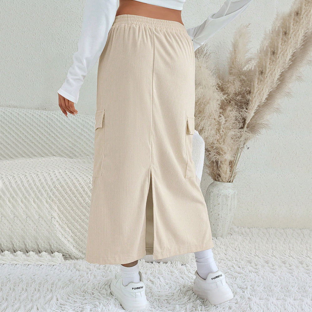 IvyShape | Straight Split Long Skirt Drawstring Utility Half Skirt