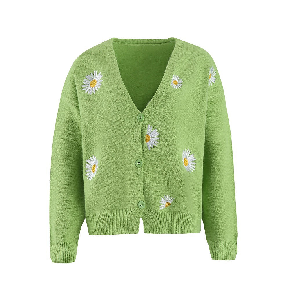 Ivyshape | Up Daisy Embroidery V-Neck Sweater Cardigan