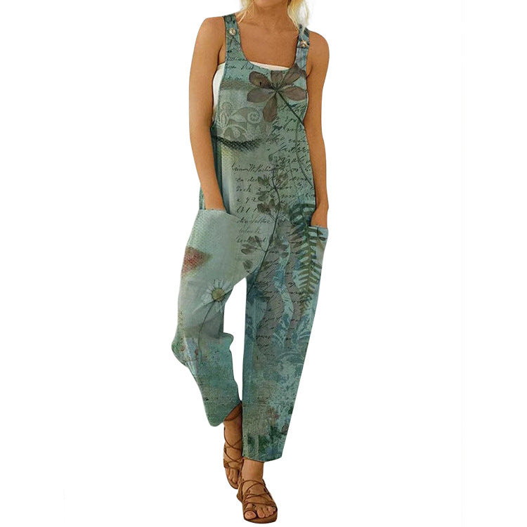 Abstract printing loose cotton linen suspender button suspender Jumpsuit