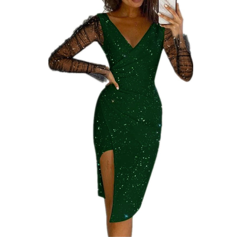 Women Elegant V Neck Bodycon Dress with Sheer Long Sleeves Ivyshape