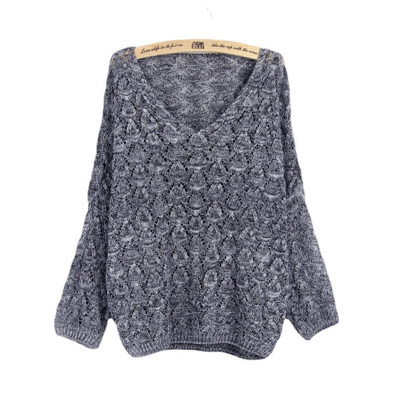 Women's casual knit sweater with V-neck and airy hole structure Ivyshape