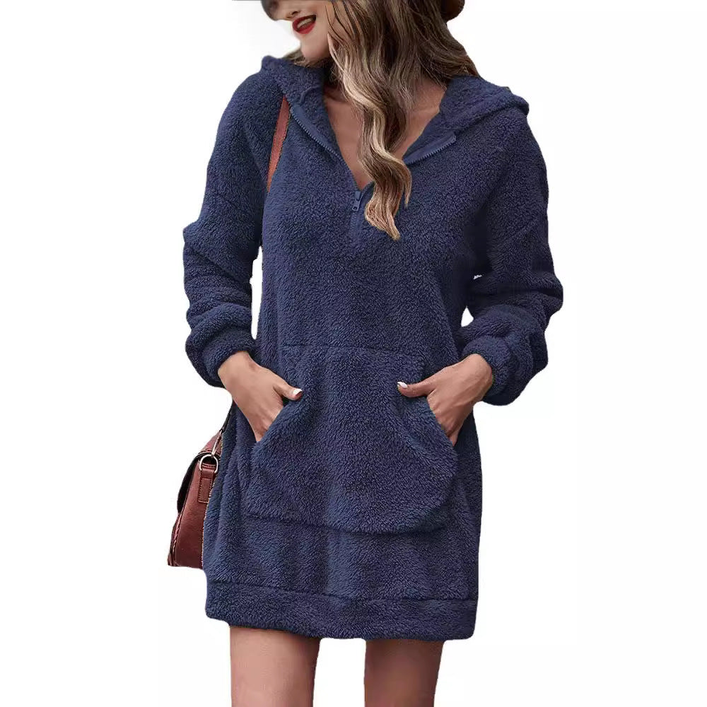 Women's fleece hooded dress with pockets and zipper Ivyshape