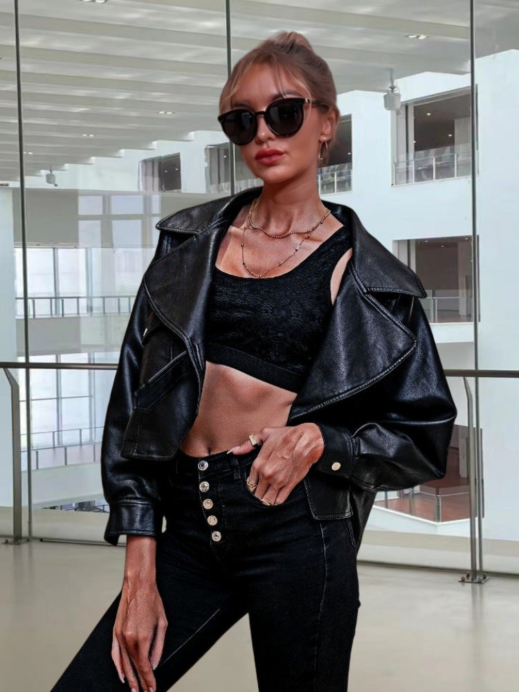 Women Faux Leather Jacket with Casual Oversized Cut and Fashionable Details Ivyshape