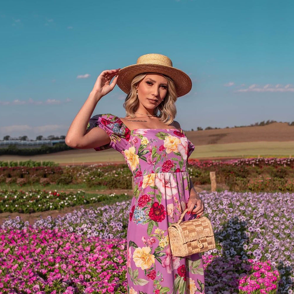 Women’s Floral Maxi Dress with Puff Sleeves and Shimmering Accents Ivyshape