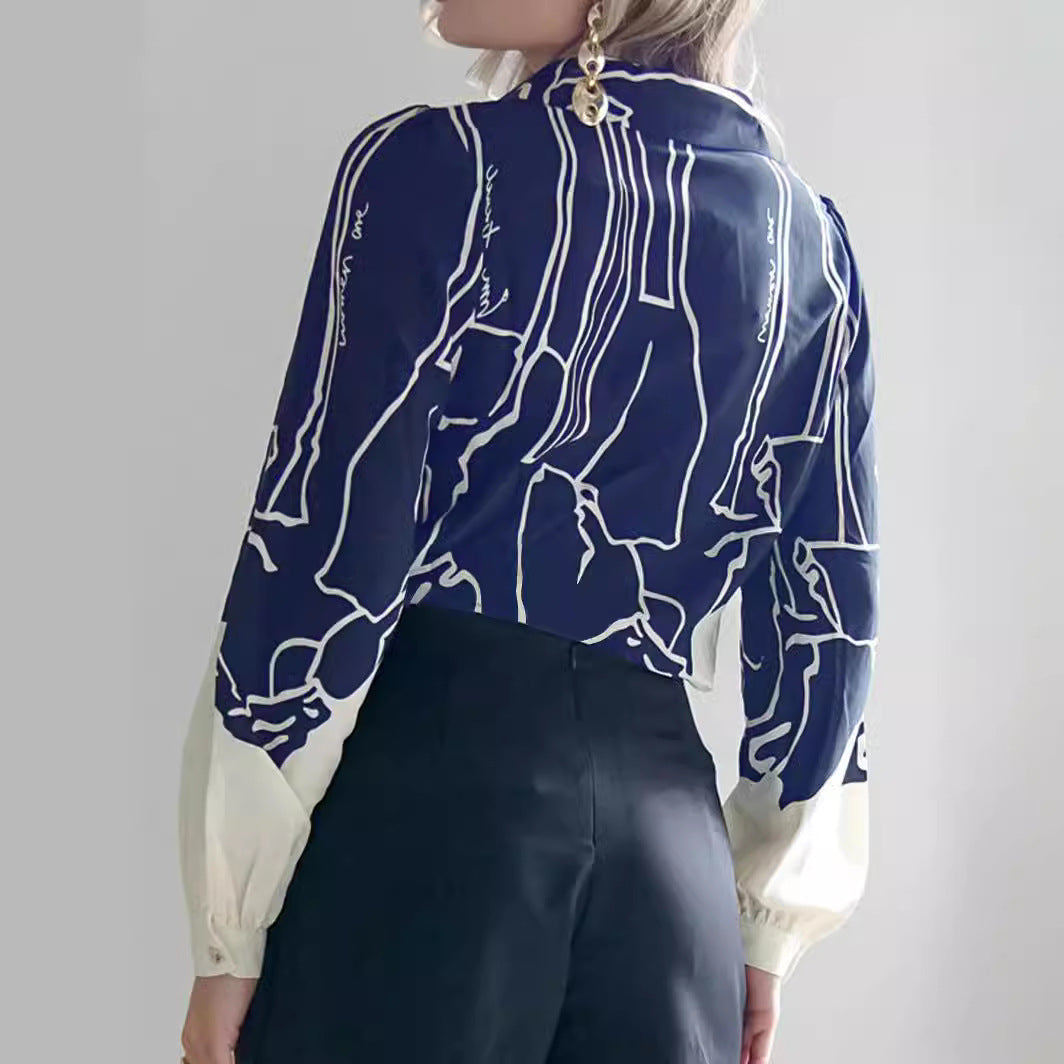 IvyShape | Women's Abstract Placement Print Long Sleeve Commuter Shirt