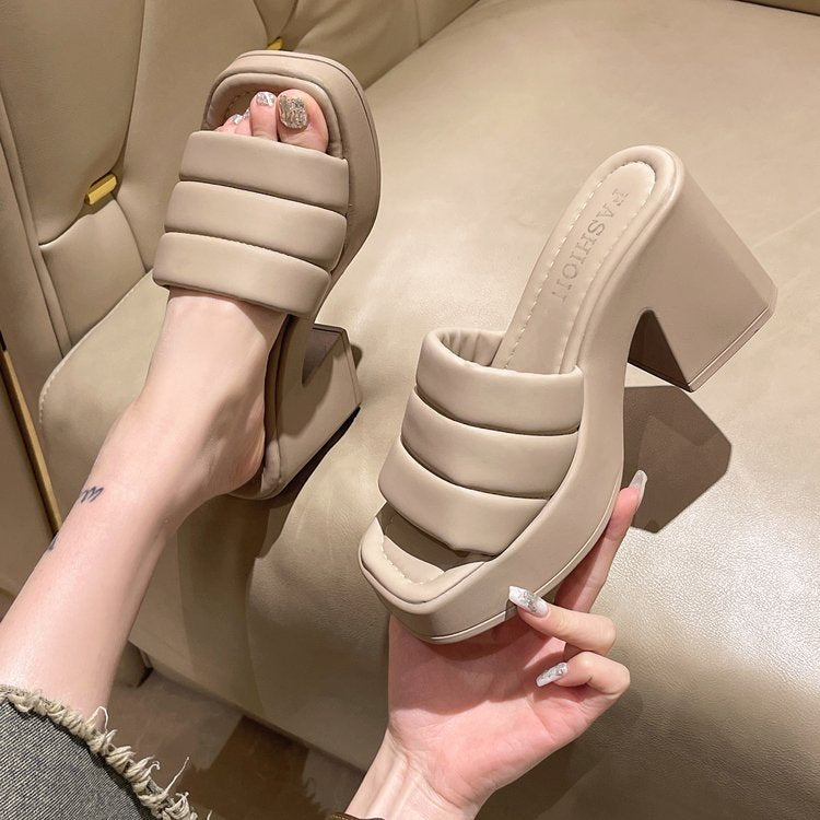 Ladies platform slides with wide strap design and stylish block heel Ivyshape