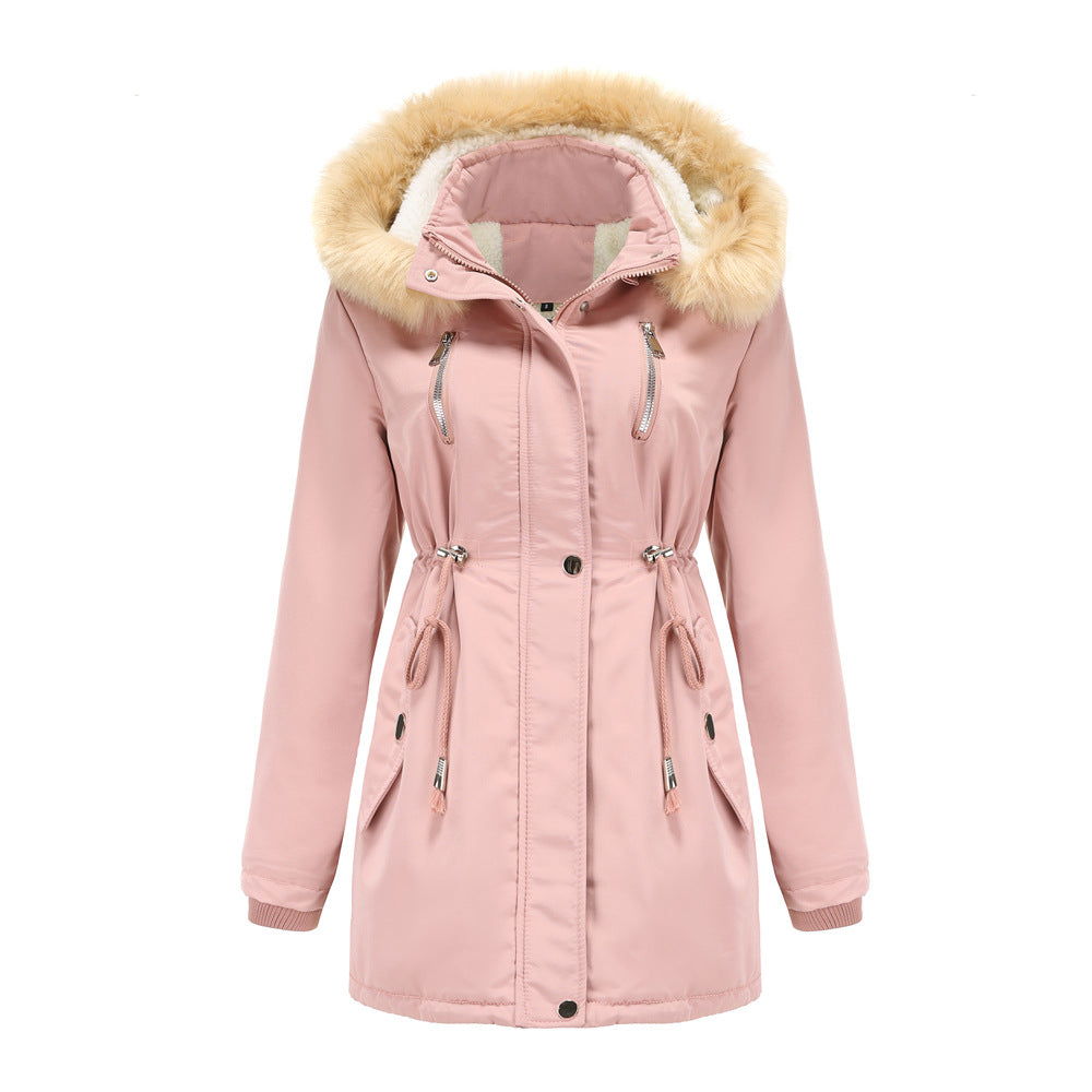 Women's fashionable outdoor jacket with removable faux fur collar and elastic waist drawstring Ivyshape