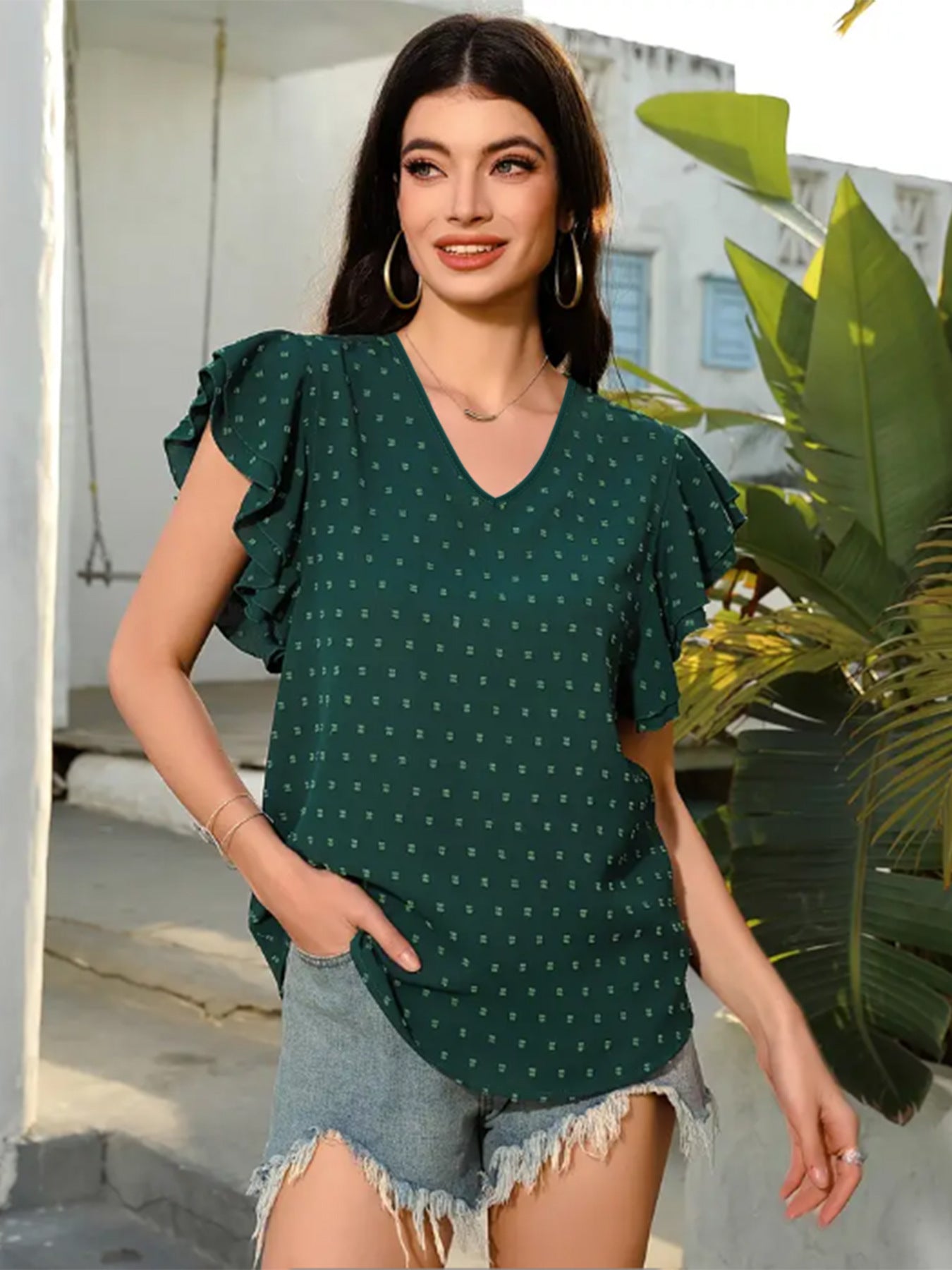 Women Ruffle Sleeve V-Neck Blouse Ivyshape