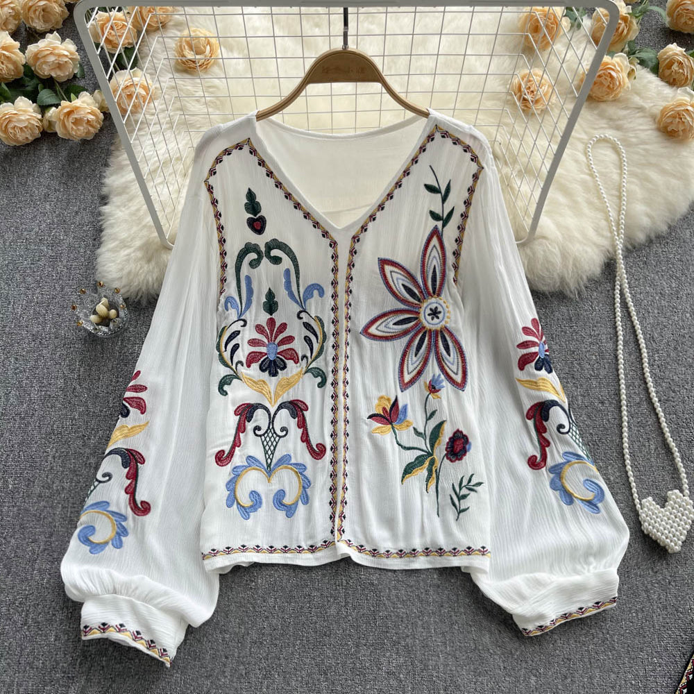 heavy industry embroidered top women's spring and autumn new V-neck loose lantern sleeves ethnic style cotton and linen shirt