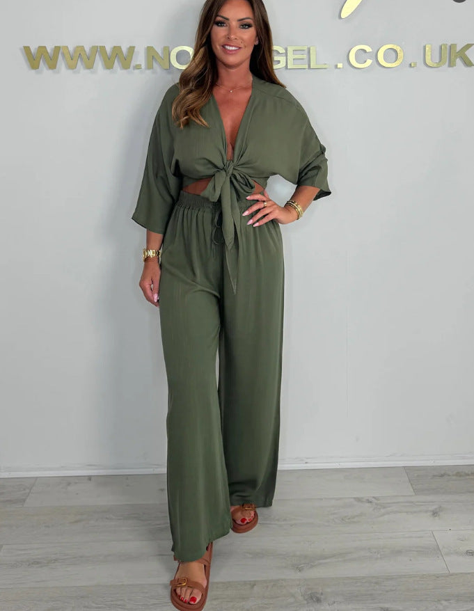 Ladies Elegant Jumpsuit with Playful Knot and Wide Cut Legs Ivyshape