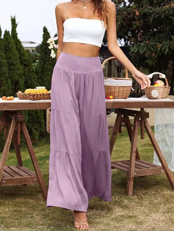 Women's wide-cut summer palazzo pants with high waist and pleated details Ivyshape