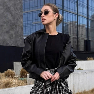 Women Faux Leather Jacket with Simple Cut and Decorative Collar Ivyshape