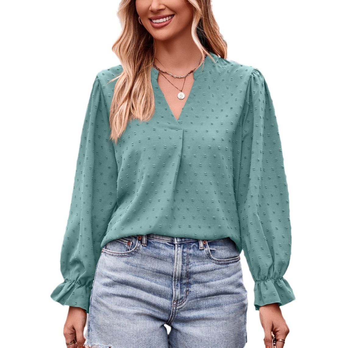 IvyShape | Jacquard Loose Long Sleeve Umbrella Sleeve Tee