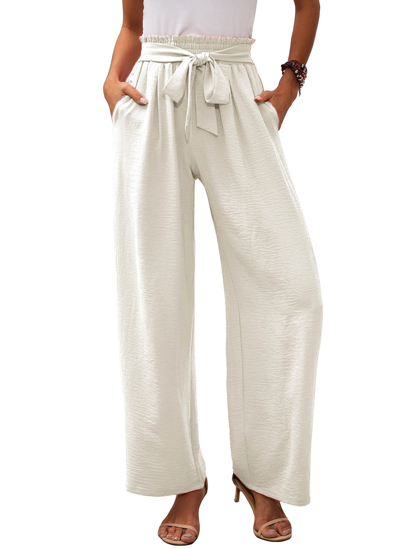 Women's Wide Fabric Trousers with Elastic Waistband and Belt Detail Ivyshape