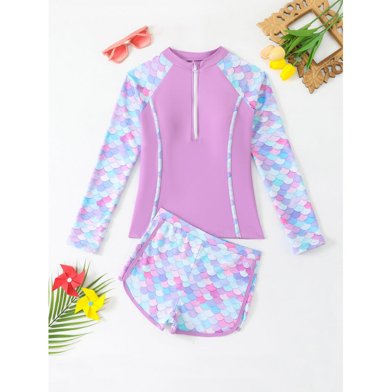 Ladies UV protection swimsuit set with zipper and stylish mermaid pattern Ivyshape