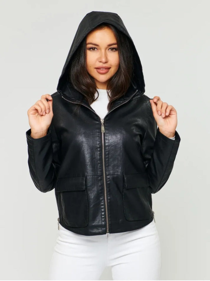 Women Faux Leather Jacket with Attached Hoodie and Practical Pockets Ivyshape